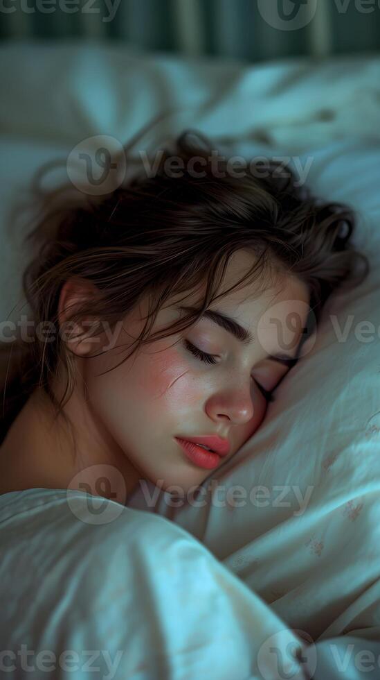 ai generiert Porträt von ein jung Weiß weiblich Schlafen krank im ein Krankenhaus Bett mit ein schmerzte Gesicht, Hintergrund Bild, ai generiert foto