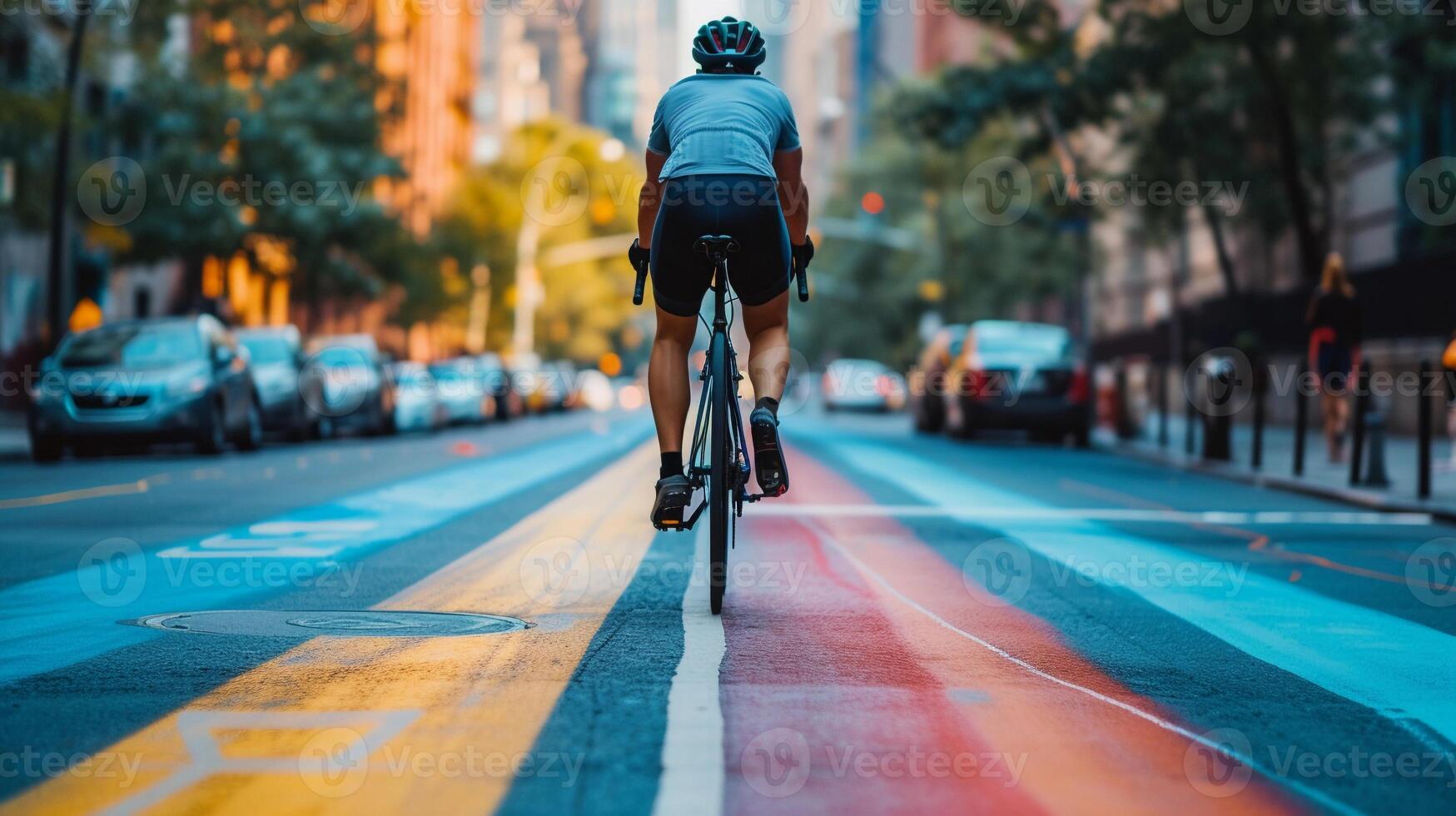 ai generiert Fahrrad Fahrbahn Abenteuer, Radfahrer Reiten Nieder ein vorgesehen Fahrrad Fahrbahn im ein städtisch Einstellung, Hintergrund Bild, generativ ai foto