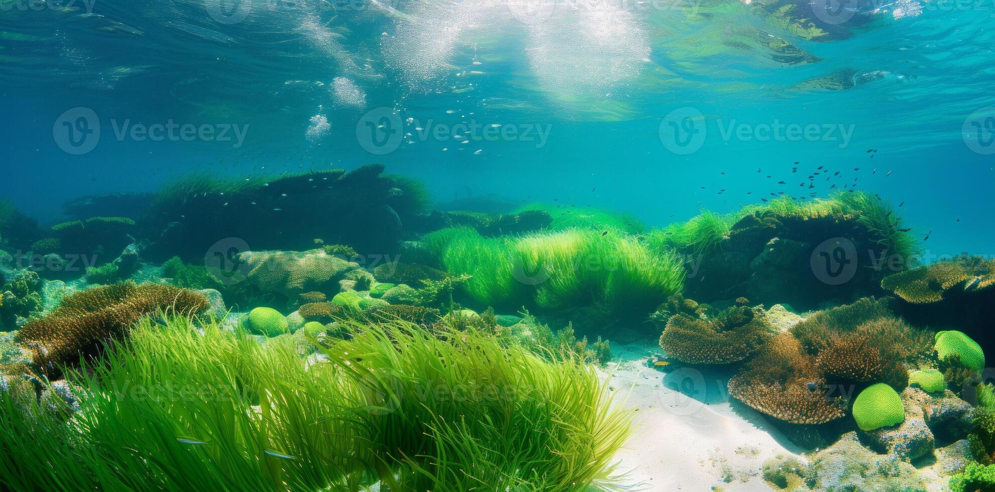 ai generiert Grün Seetang mit Fisch, natürlich unter Wasser Seelandschaft im das Ozean foto