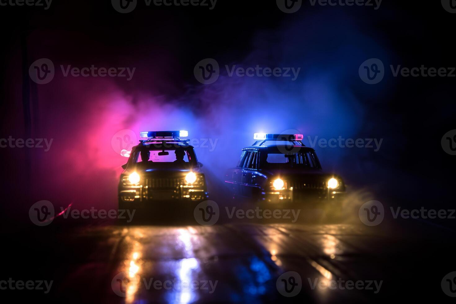ai generiert Polizei Auto jagen ein Auto beim Nacht mit Nebel Hintergrund. 911 Notfall Antwort Polizei Auto Beschleunigen zu Szene von Verbrechen. selektiv Fokus foto
