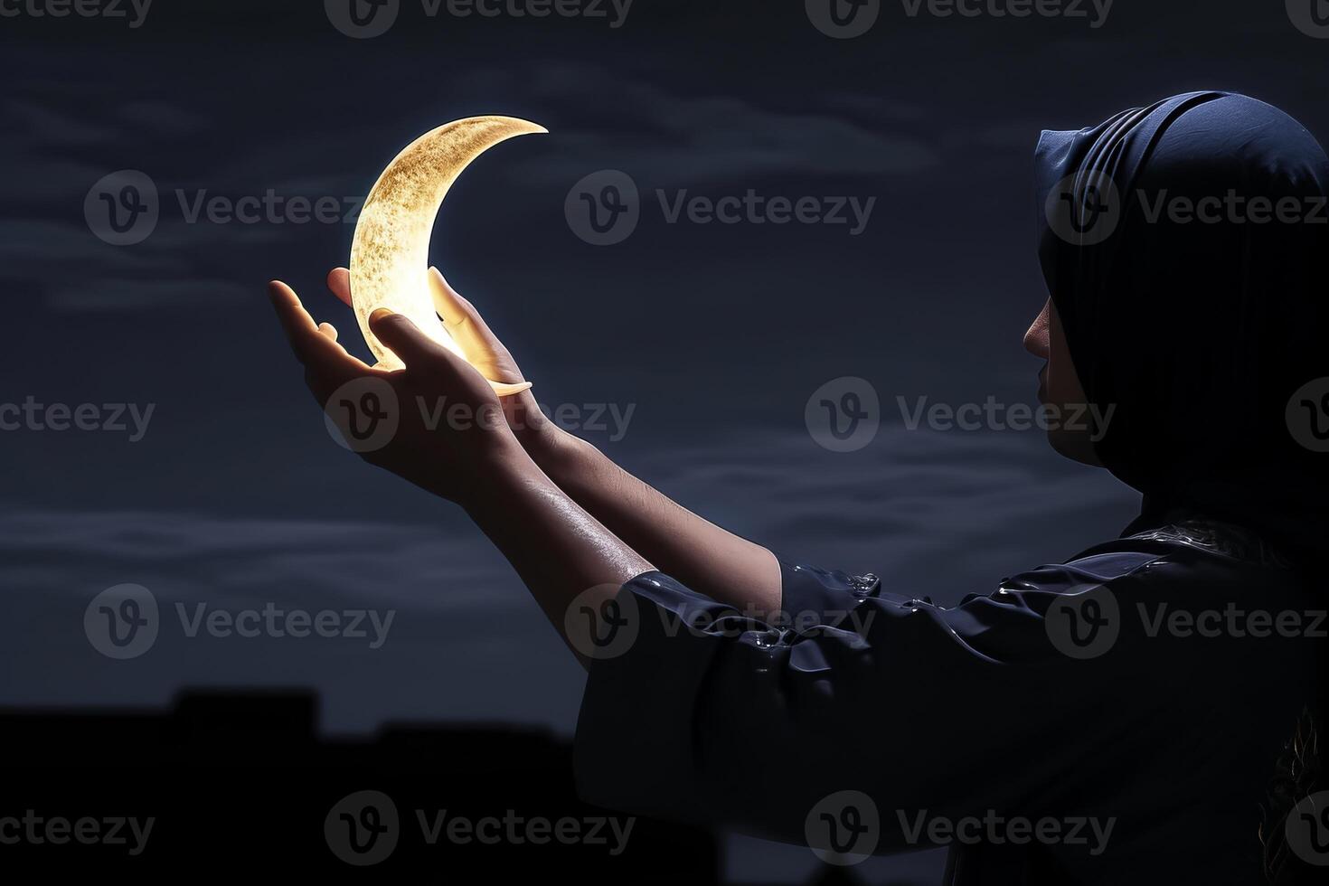 ai generiert Moslem Frau halten ein Gelb Halbmond Mond auf ihr Hand unter das Nacht foto