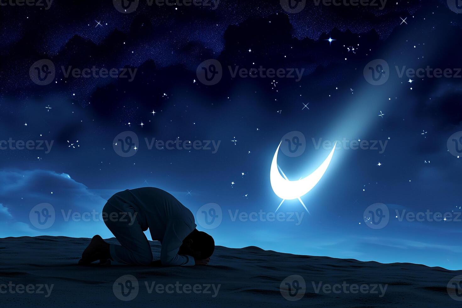 ai generiert Moslem Mann tun sujud beten zum Allah unter das fallen Sterne, mit Halbmond Mond beim Nacht. foto