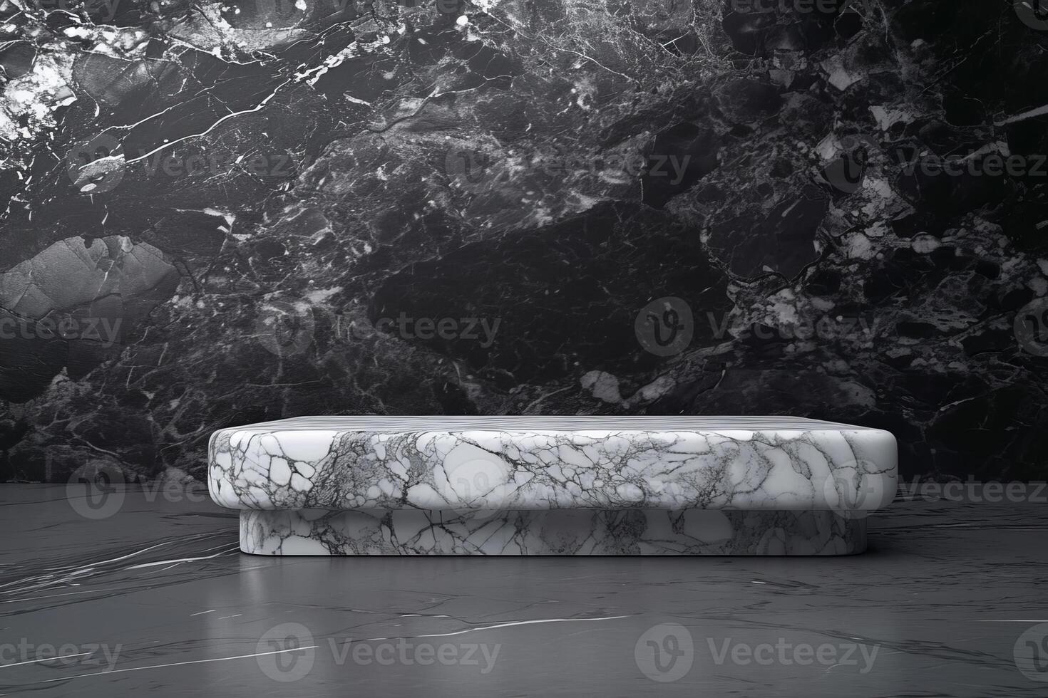 ai generiert leeren dunkel grau Marmor Tabelle Podium oben mit Schatten fallen auf schwarz Marmor Mauer Hintergrund foto