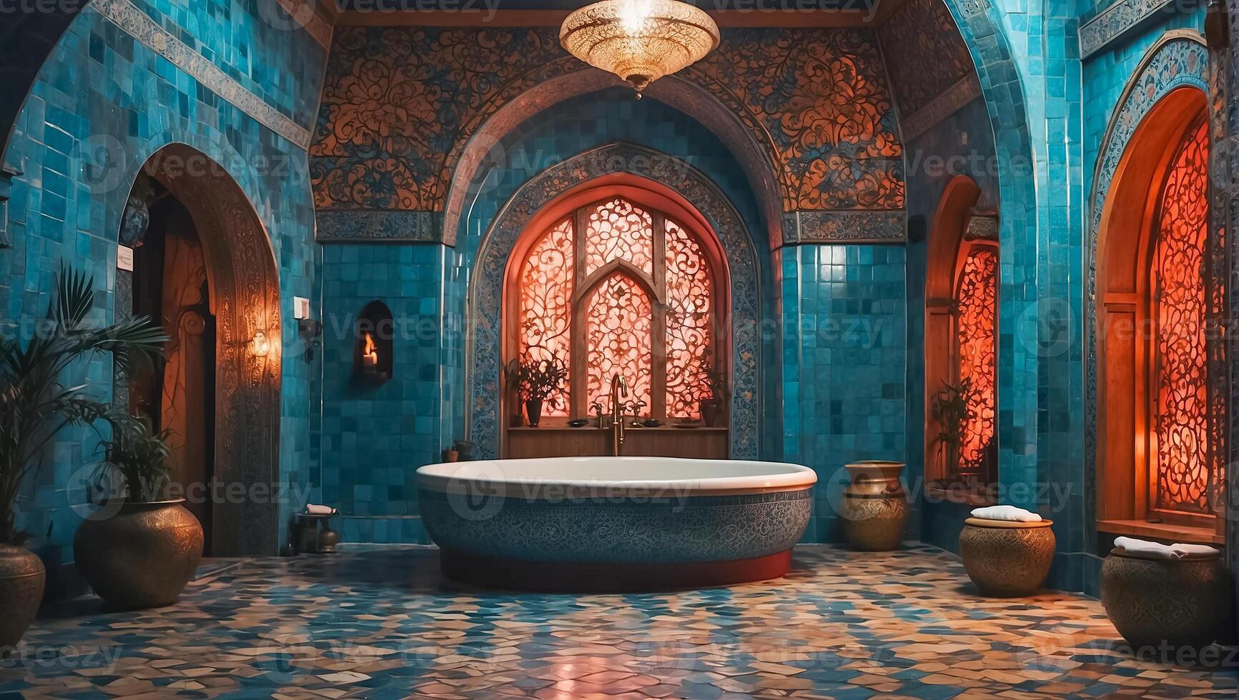 ai generiert schön Badezimmer im traditionell Türkisch Stil foto