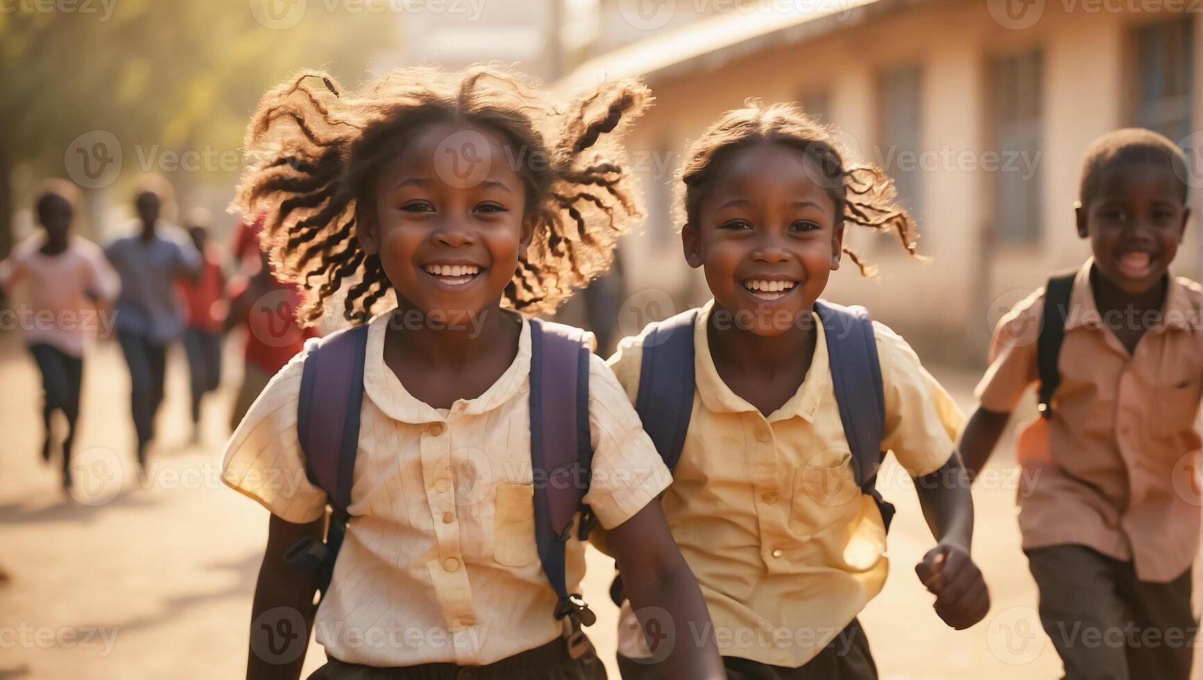 ai generiert glücklich afrikanisch amerikanisch Schulkinder Laufen durch das Schule Hof foto
