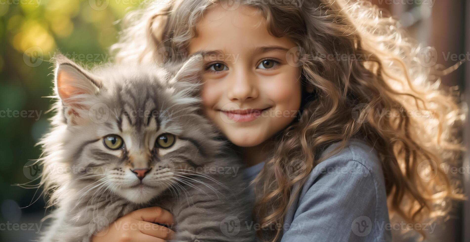 ai generiert wenig Mädchen mit süß Katze draussen Porträt foto