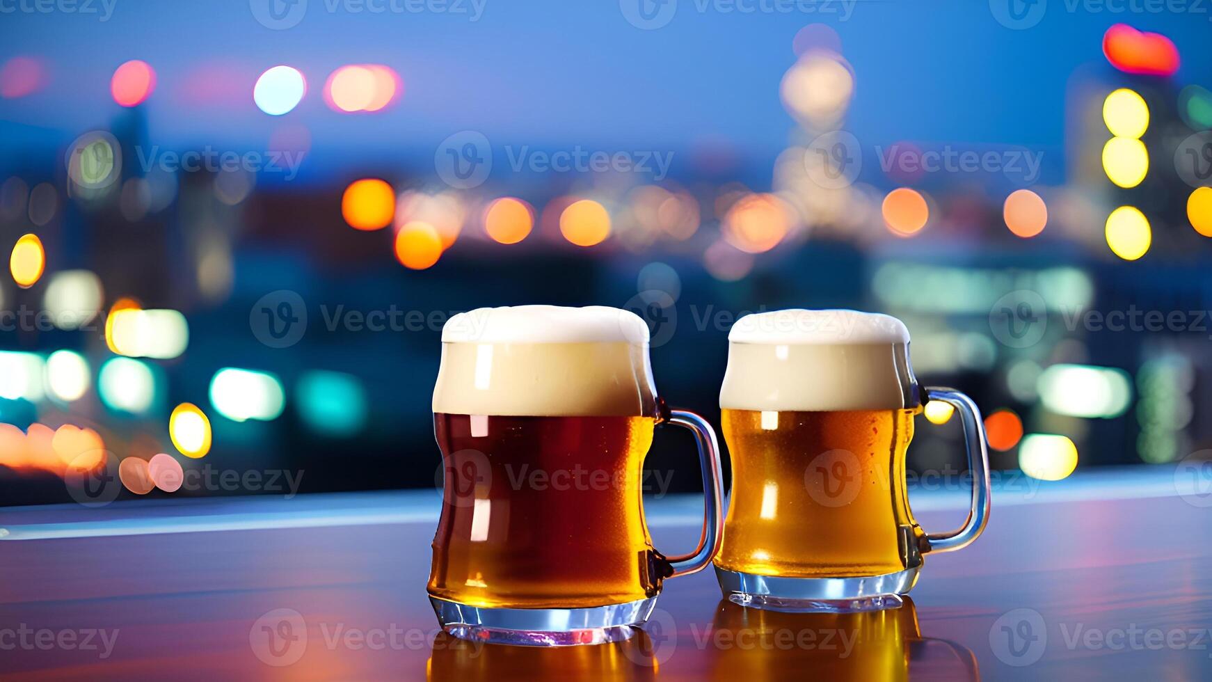 ai generiert Glas Bier Becher auf Tabelle Dach Himmel Bar - - ai generiert foto