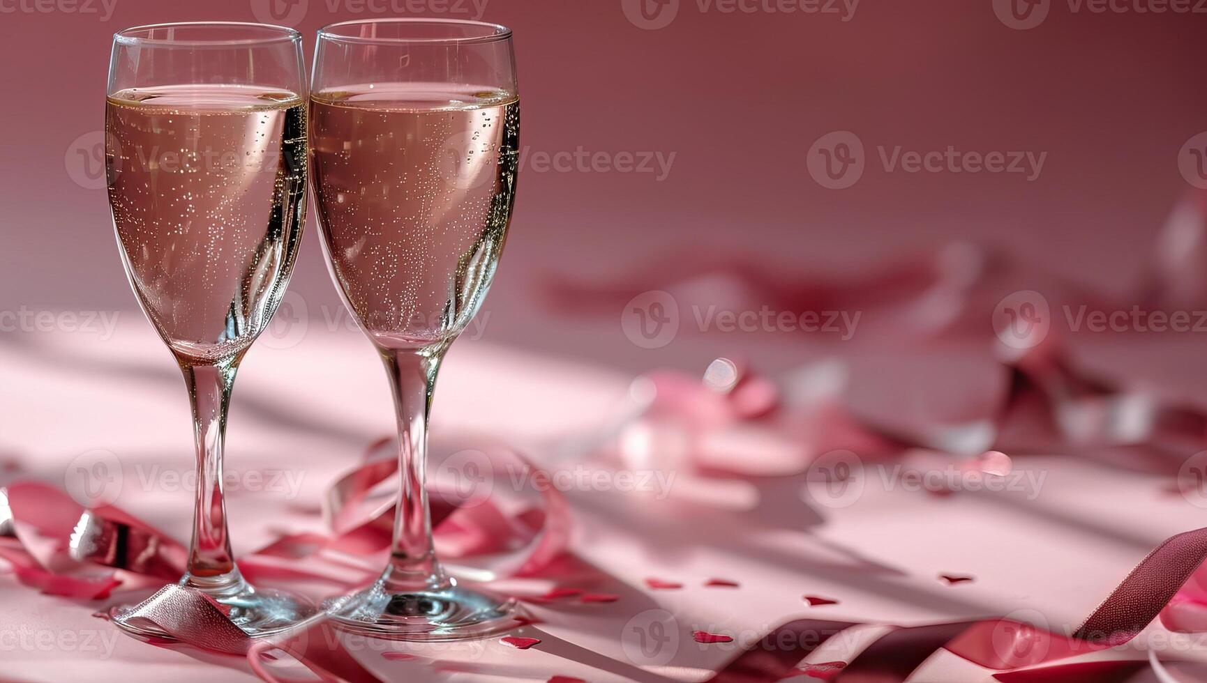 ai generiert zwei Brille von Champagner mit Rosa Bänder auf Rosa Hintergrund foto