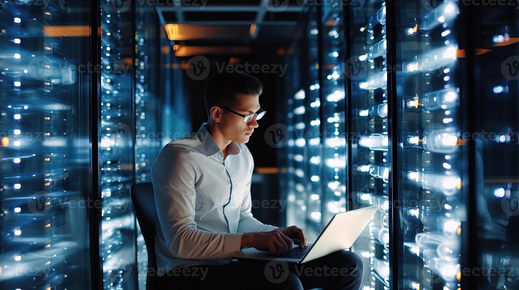 ai generiert ernst jung Mann Arbeiten auf Laptop während Sitzung im Rechenzentrum foto