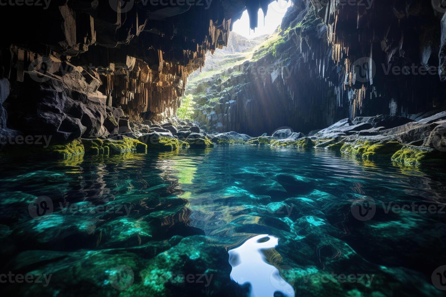 ai generiert szenisch Aussicht von Blau natürlich unter Tage See im tief Höhle foto