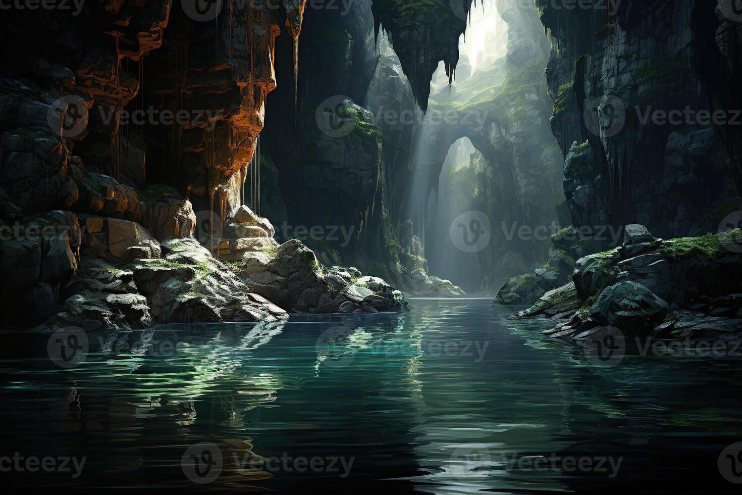 ai generiert szenisch Aussicht von ein Ruhe Blau natürlich unter Tage See im tief Höhle foto