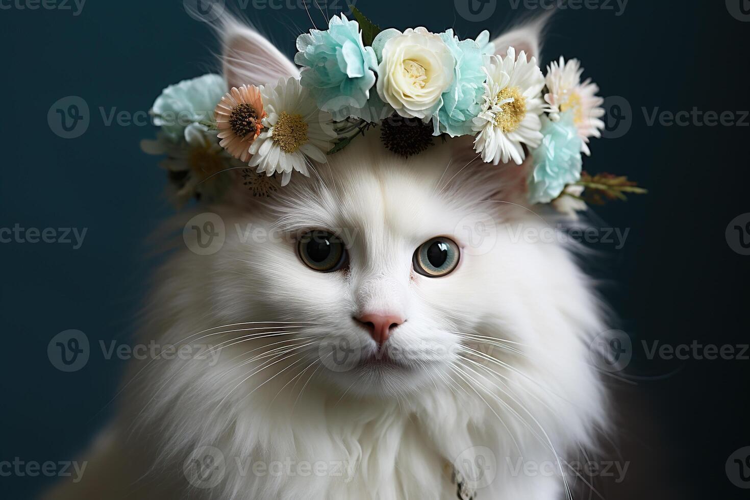ai generiert süß flauschige Weiß Katze mit Blau und Weiß Blumen Kranz auf Kopf foto
