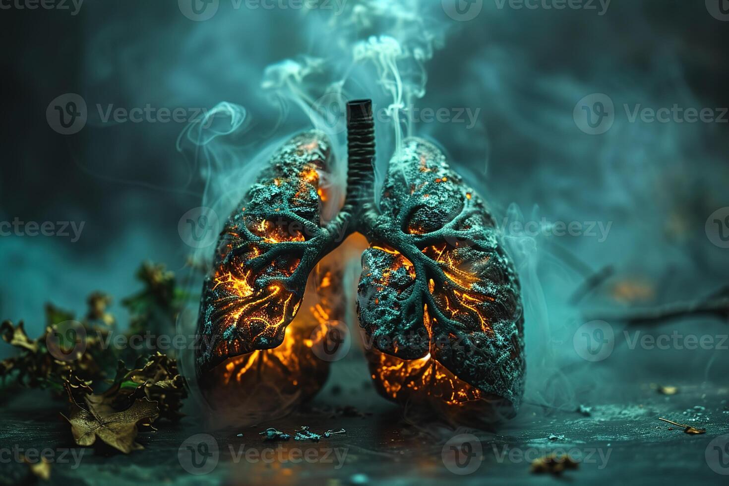 ai generiert abstrakt Illustration von Mensch Lunge glühend Orange und Rauchen unter gefallen Blätter auf ein schwarz Hintergrund foto