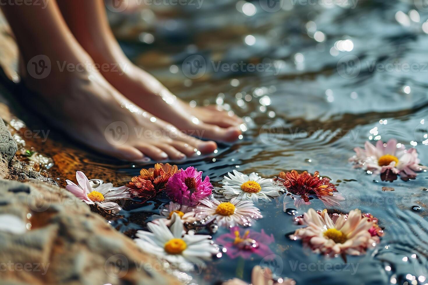 ai generiert Blumen im ein plätschern Strom mit Damen Beine verschwommen im das Hintergrund. Schönheit Spa Gesundheit Konzept foto