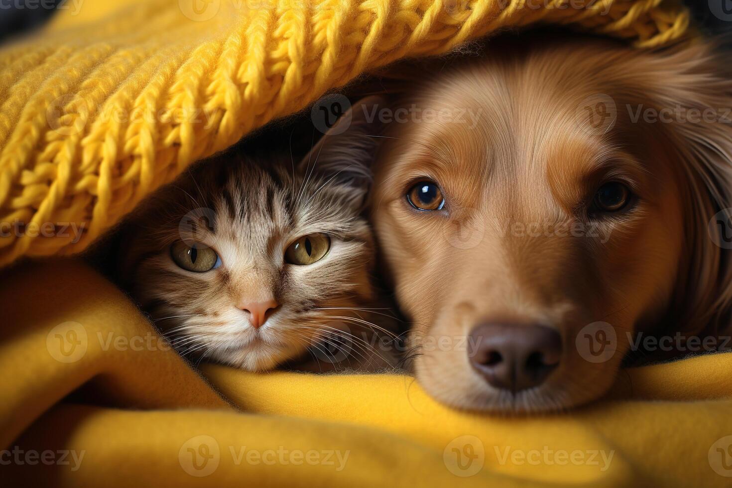 ai generiert Nahansicht Porträt von ein Tabby Katze und ein Ingwer Hund Lügen auf ein Bett unter ein Gelb Decke foto