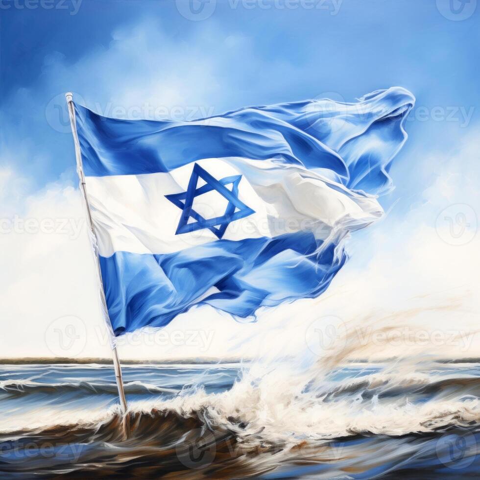 ai generiert Israel Flagge flattert im das Wind auf ein Weiß Hintergrund. Freiheit und Unabhängigkeit Konzept. foto