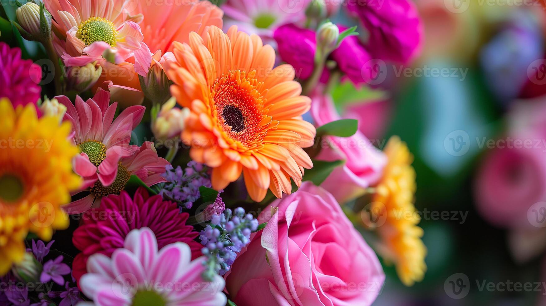 ai generiert hell Strauß von groß Blumen Nahansicht auf verschwommen farbig Hintergrund. foto