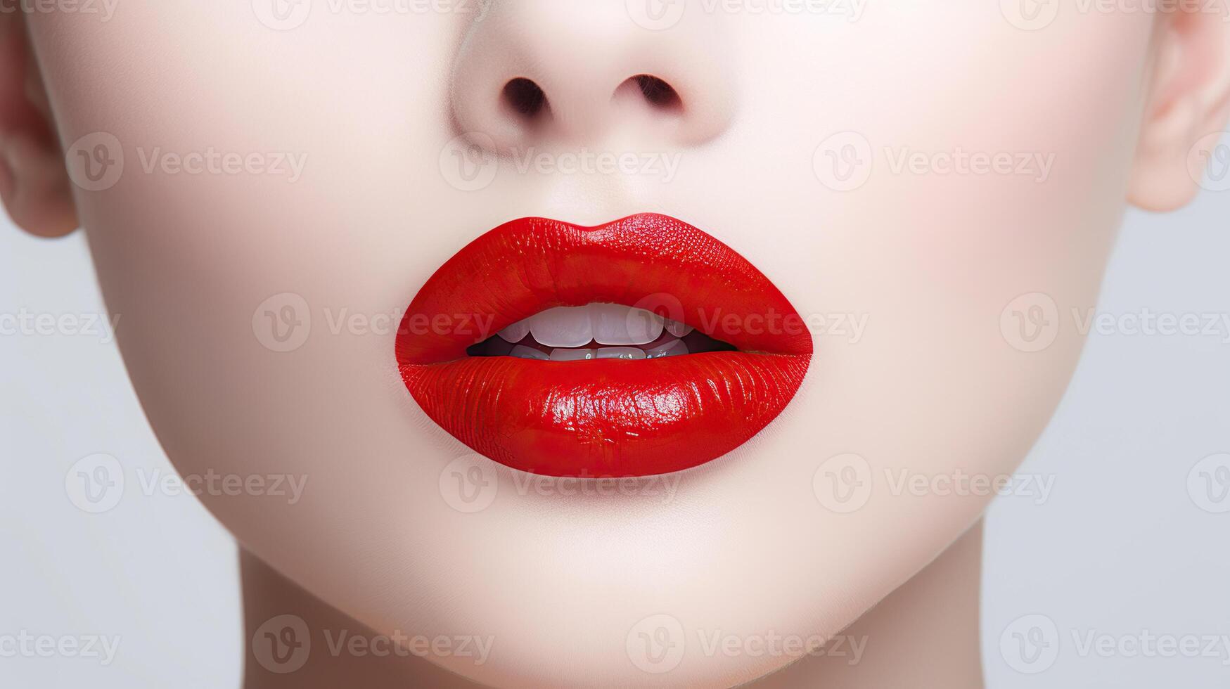 ai generiert schließen oben von schön weiblich Lippen mit rot Lippenstift auf Weiß Hintergrund. foto