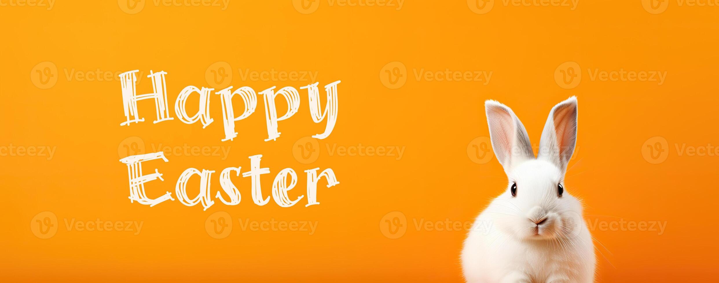ai generiert Weiß Hase auf ein Orange Hintergrund. Ostern Konzept. flauschige Weiß Tier, jung Hase. das Ostern Hase sieht aus in das Linse mit ein Wunsch zum glücklich Ostern. foto