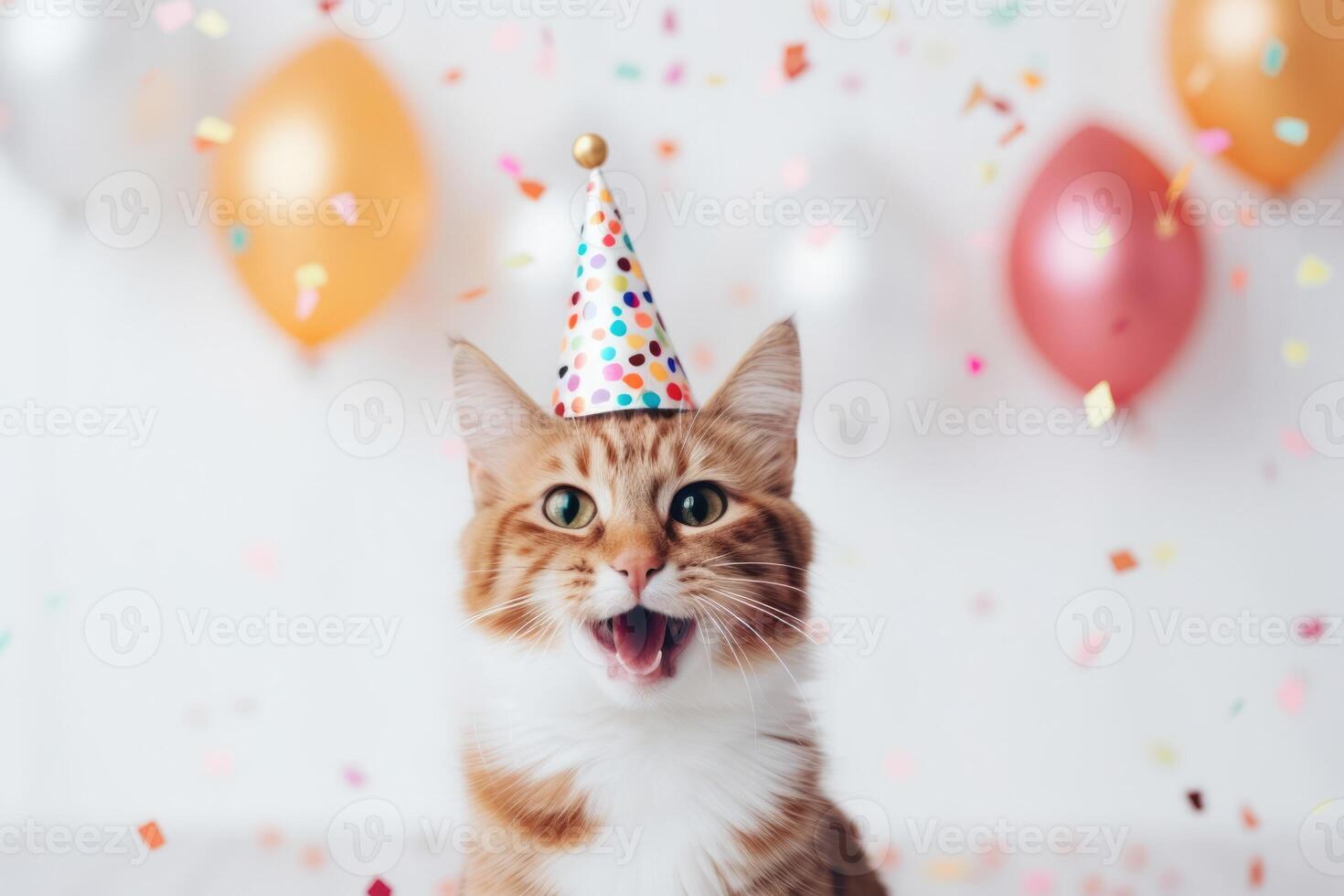 ai generiert süß bezaubernd Geburtstag Katze mit Konfetti, Luftballons und im Party Hut Sitzung auf Weiß Hintergrund. foto