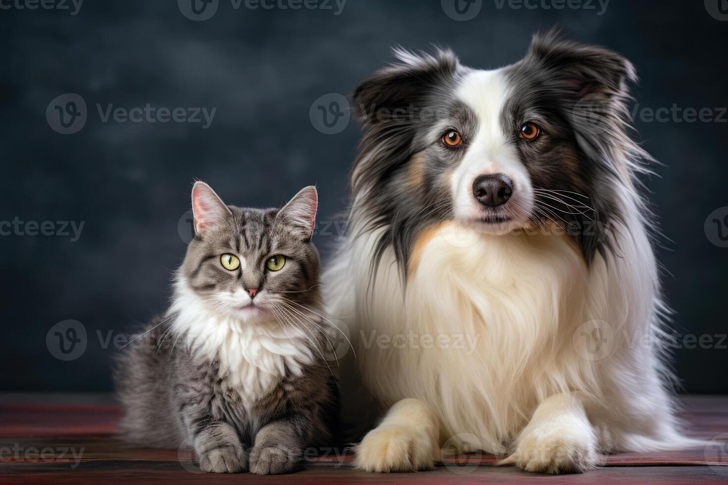 ai generiert schließen oben Porträt von ein Hund und ein Katze suchen beim das Kamera im Vorderseite von ein grau Hintergrund foto