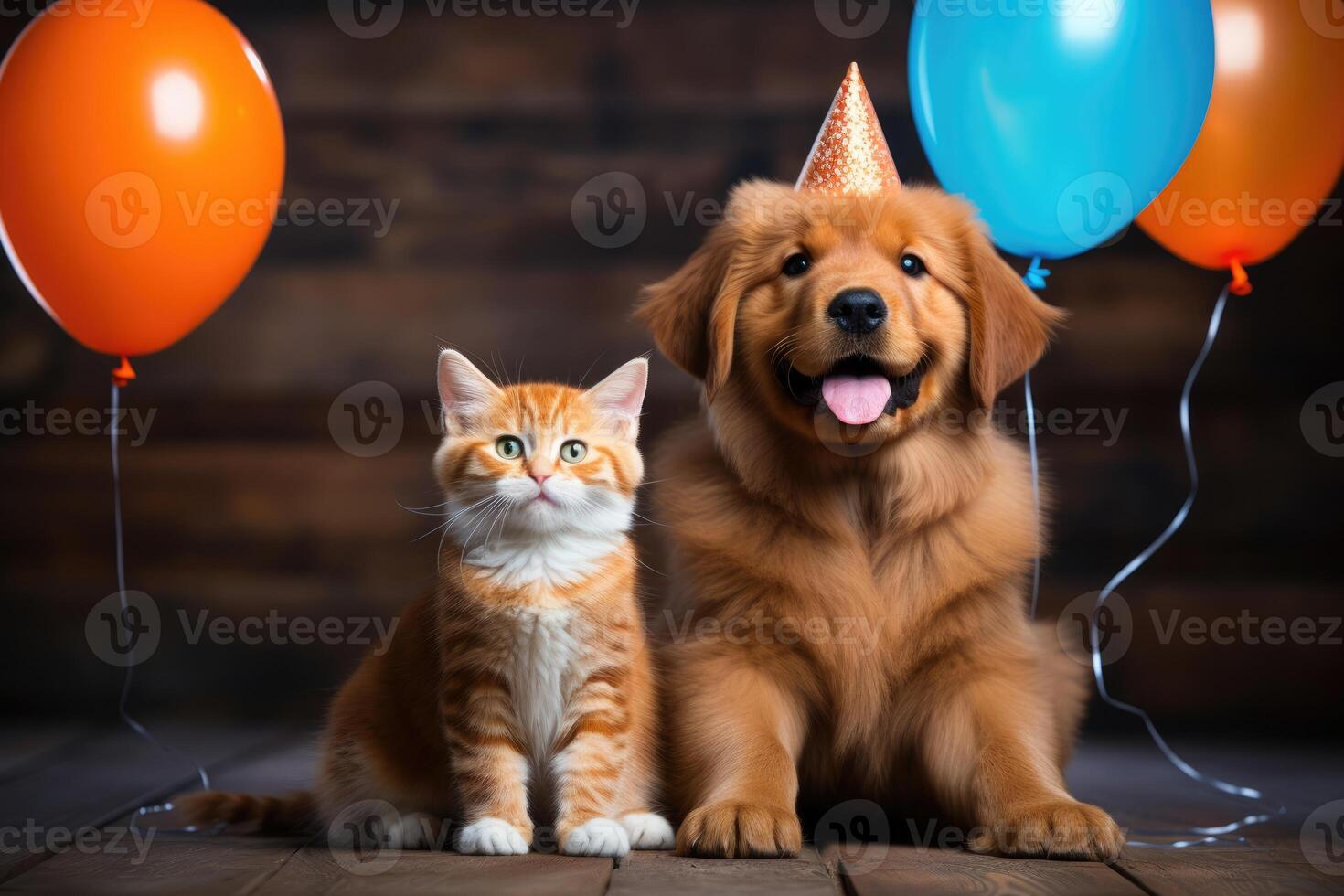 ai generiert süß Geburtstag rot Hund im Party Hut mit Kätzchen Katze Sitzung auf hölzern Hintergrund mit Luftballons. foto