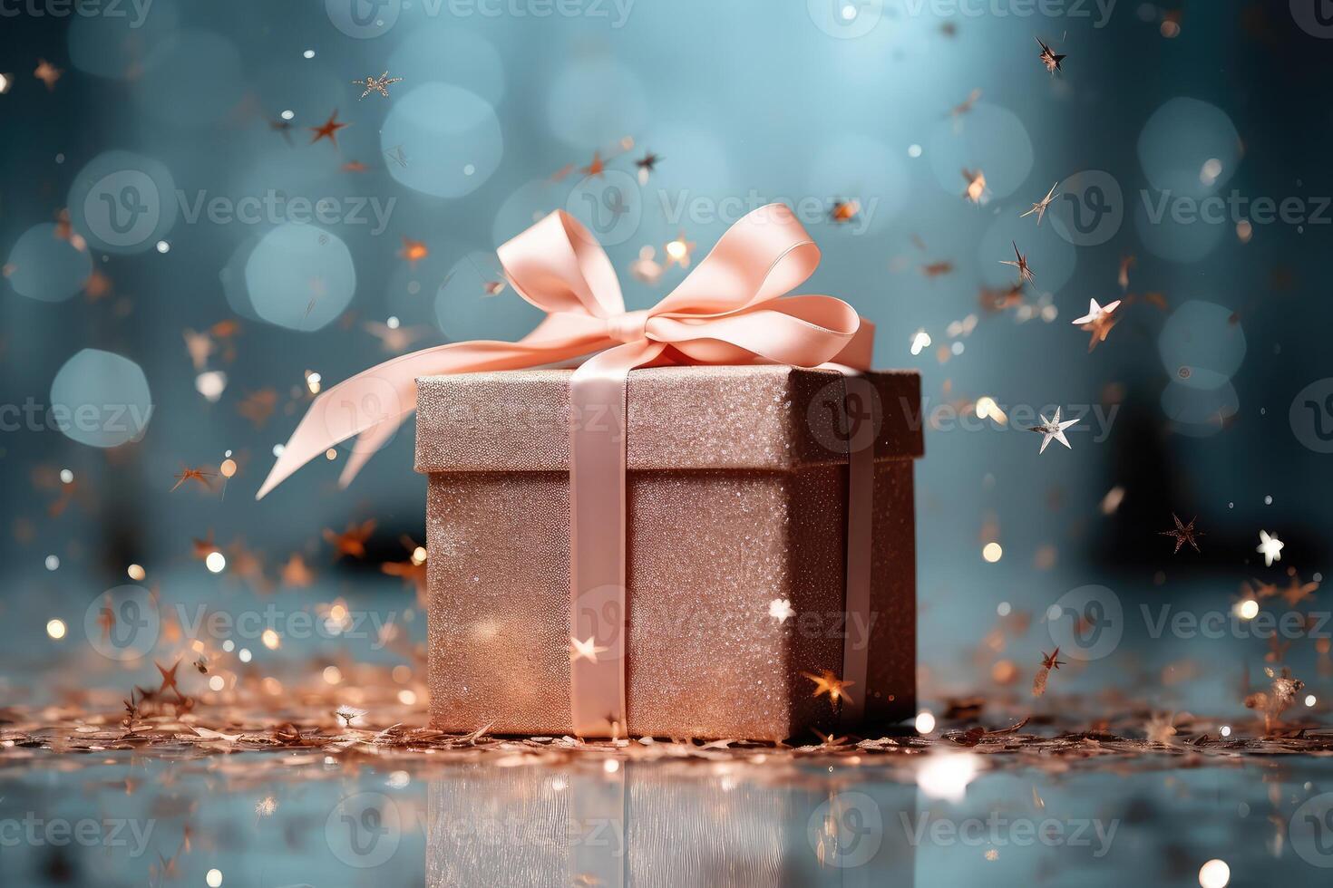 ai generiert Rosa Geschenk Box mit ein Bogen und Konfetti auf festlich glänzend Blau Bokeh Hintergrund foto