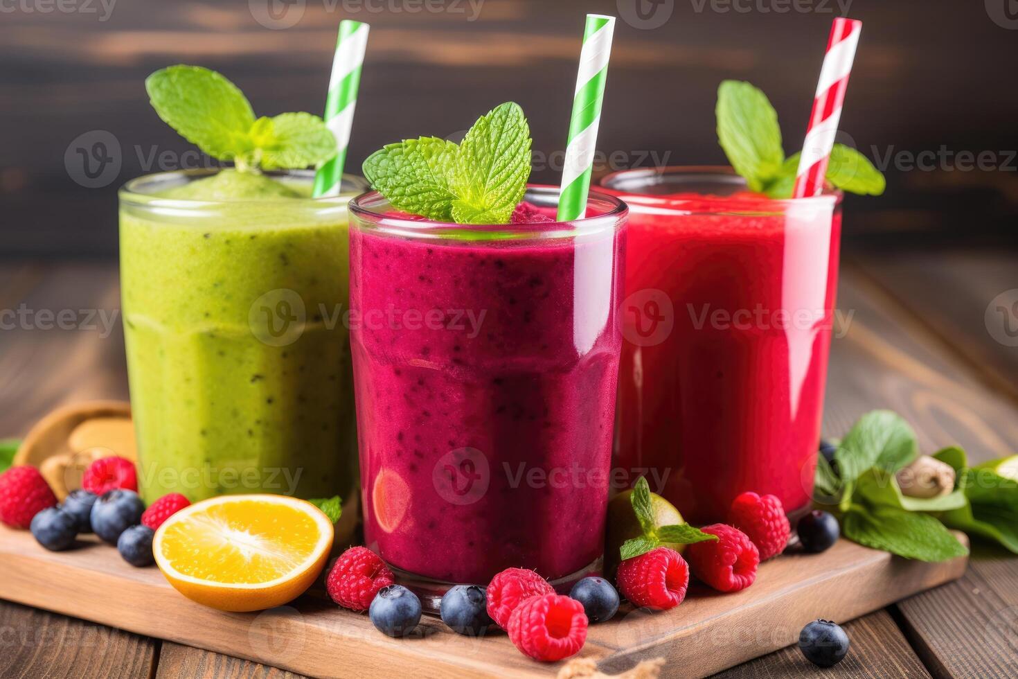 ai generiert Beere frisch organisch Smoothie mit Vitamine, hausgemacht gemischt Obst Getränk auf hölzern Hintergrund foto