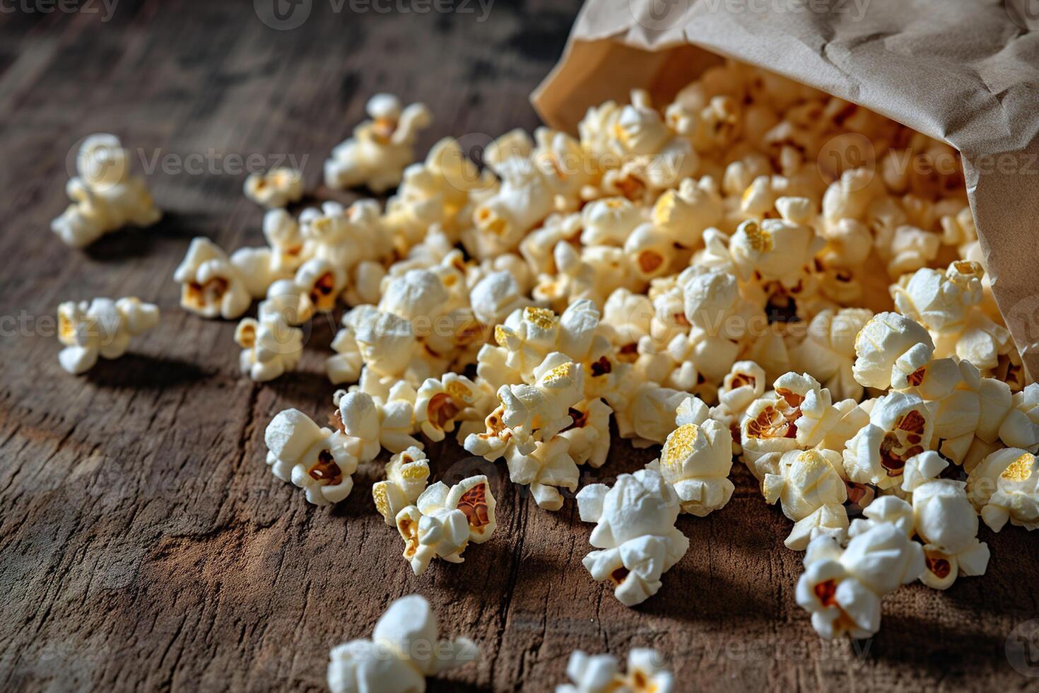 ai generiert Nahansicht verschüttet lecker Popcorn auf hölzern rustikal Hintergrund foto