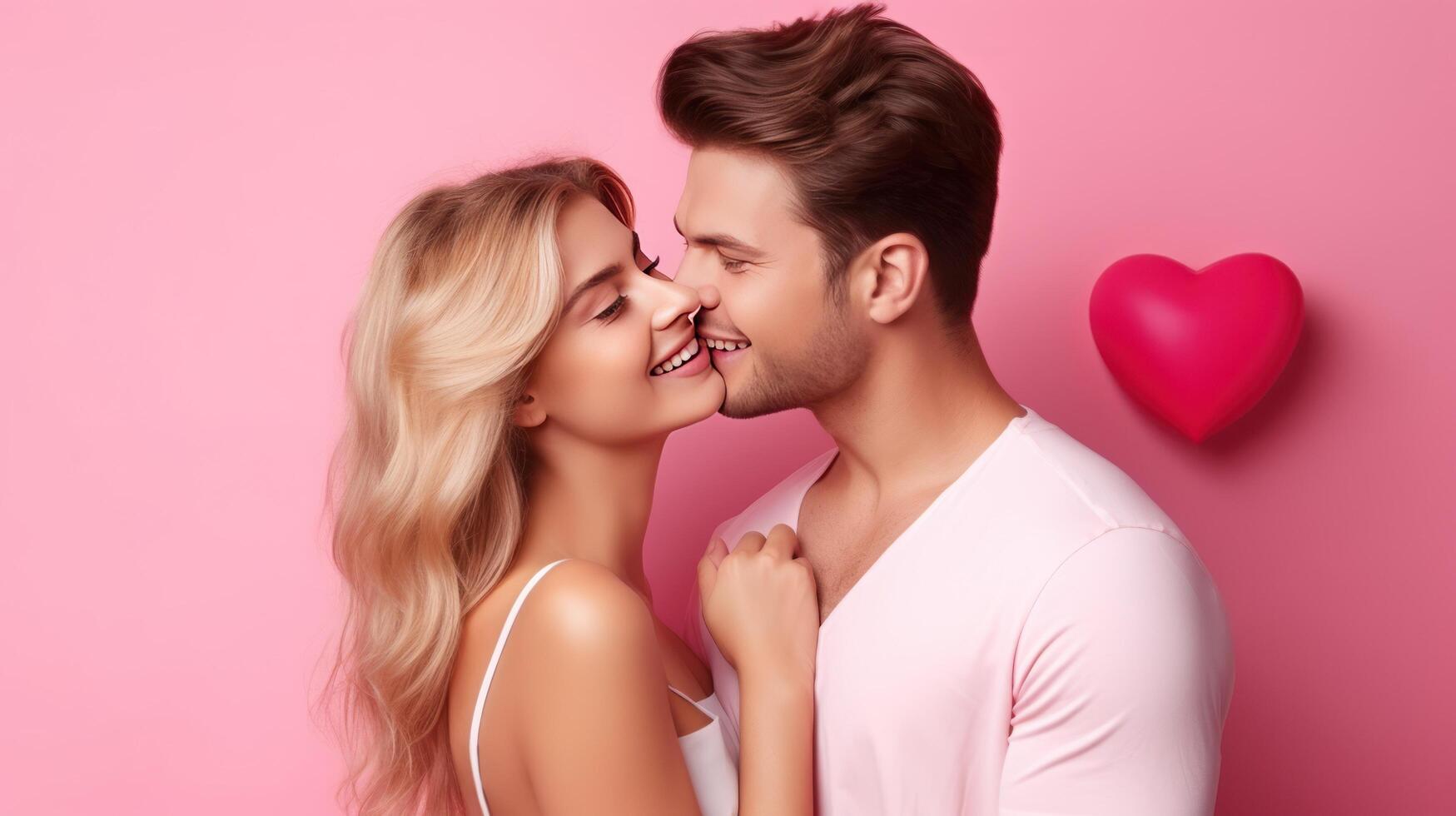 ai generiert Frau Küsse glücklich und lächelnd Mann Rosa Hintergrund mit Herz gestalten Valentinstag Tag. Emotionen. Lebensstil. foto