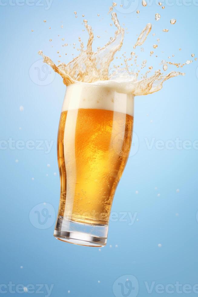 ai generiert Glas von planschen Bier Levitation, isoliert auf Licht Blau Hintergrund. ai generiert. foto