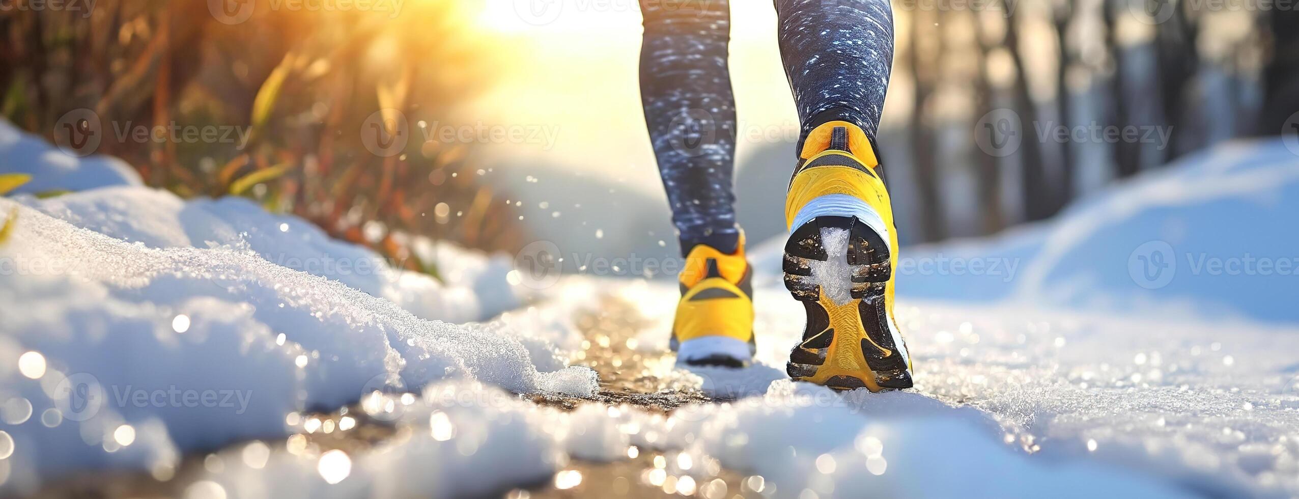 ai generiert ein friedlich gehen im ein Winter Wunderland auf das Schnee. Beine im Bewegung, ein Person Spaziergänge durch ein schneebedeckt Wald, das Sonne Rahmen hinter Bäume, Erstellen ein heiter und ruhig Moment im Natur. foto