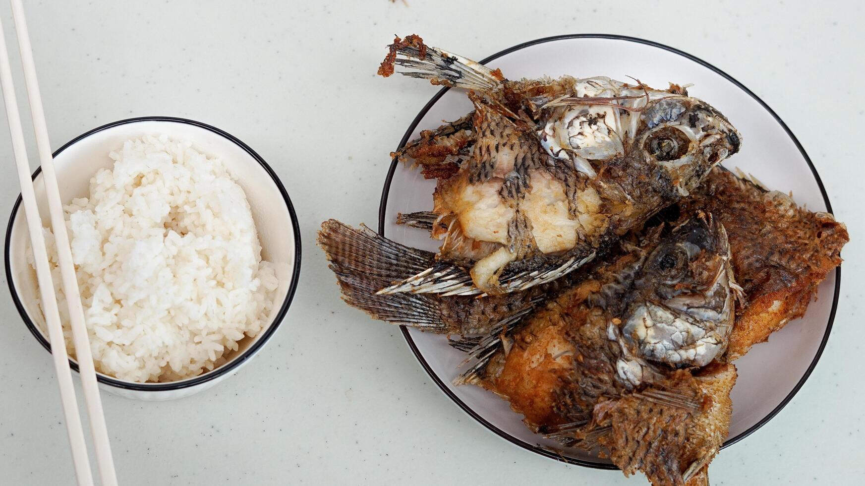 Weiß Reis im ein Schüssel und gebraten Fisch auf ein Weiß Teller sind serviert auf das Tabelle foto