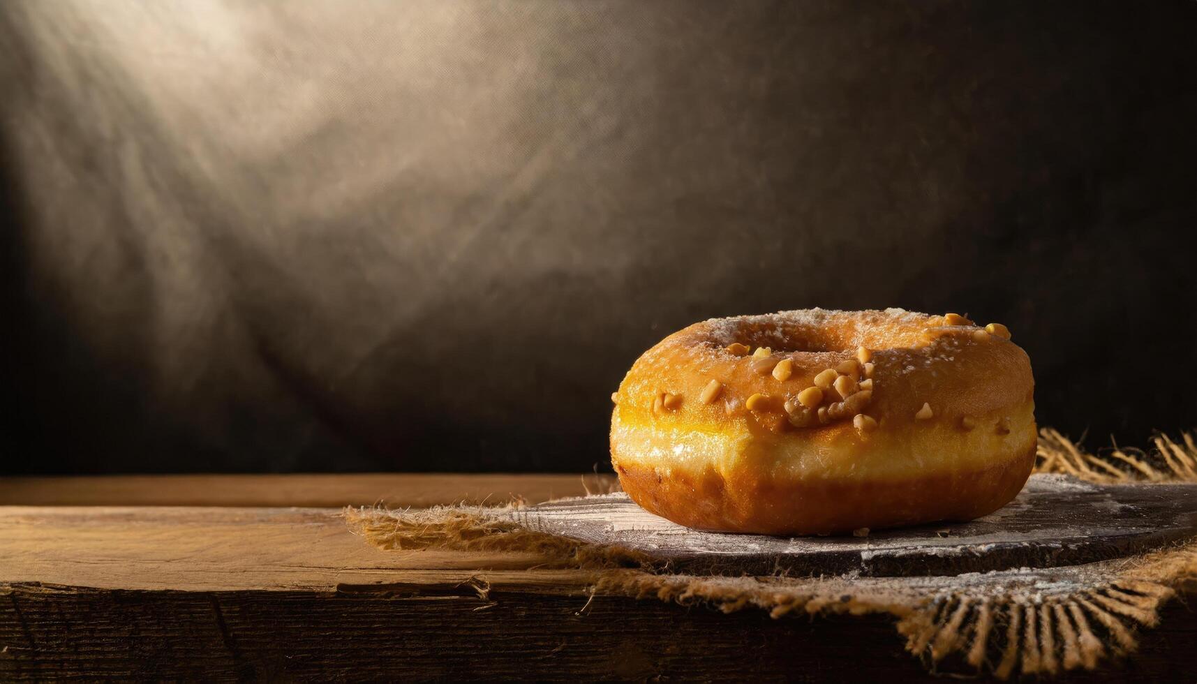 ai generiert Kopieren Raum Bild von Donuts mit pulverisiert Zucker auf hölzern Tabelle auf schwarz Hintergrund foto