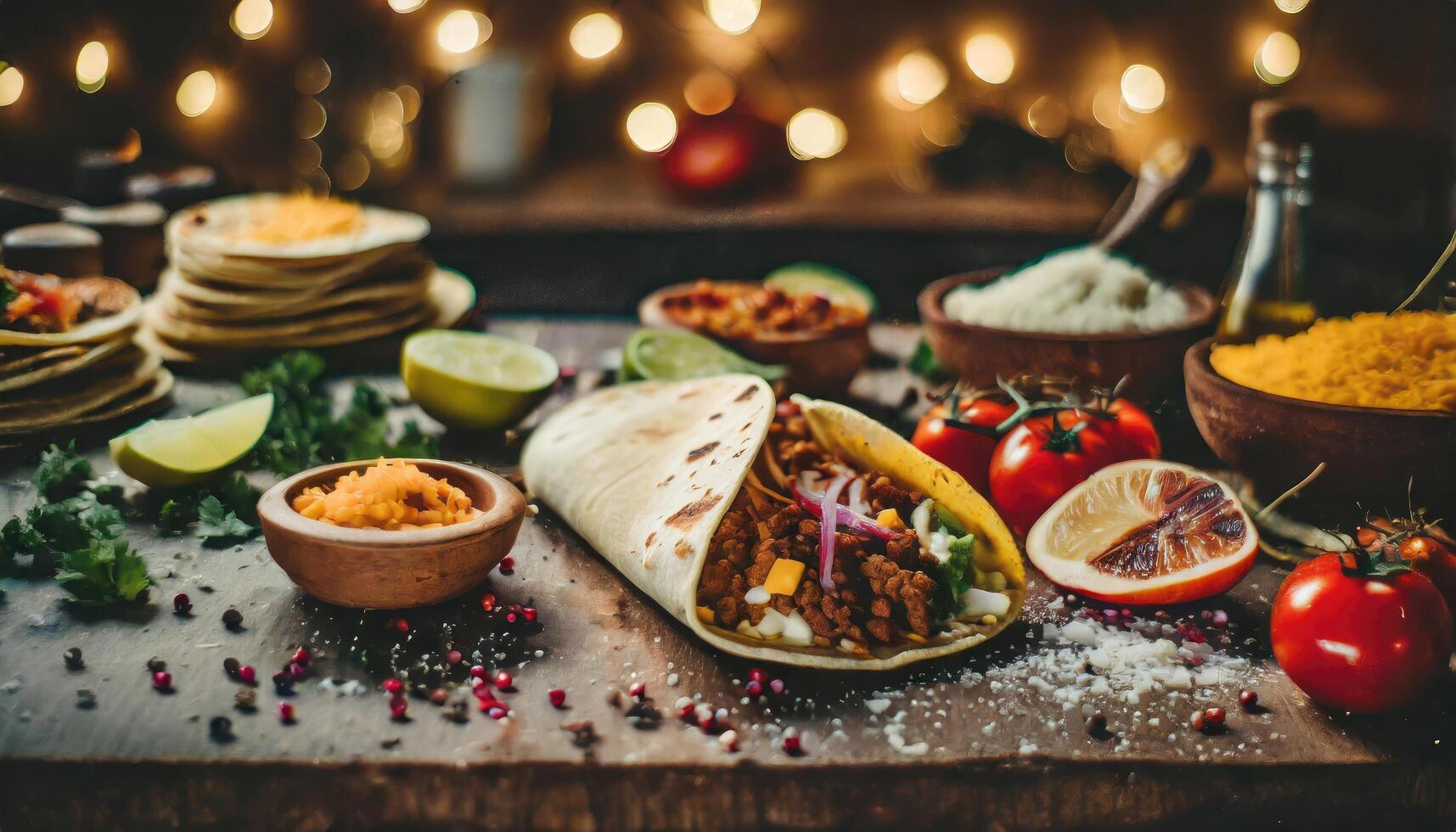 ai generiert Kopieren Raum Bild von Taco Bar Seite Rand mit ein Sortiment von Zutaten. oben Aussicht auf ein dunkel Holz Banner Hintergrund foto