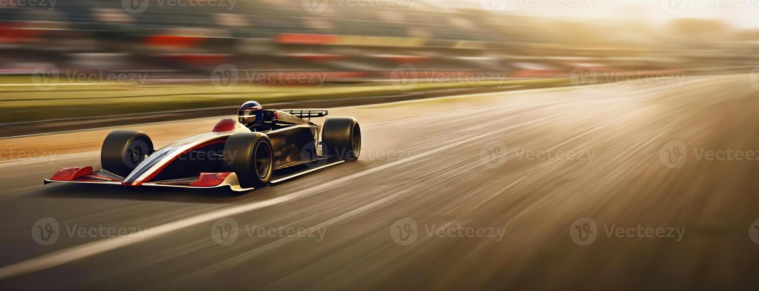 ai generiert ein schnelle Geschwindigkeit Formel einer Auto Rennen auf ein Spur mit Bewegung verwischen Wirkung. Panorama mit Kopieren Raum. foto