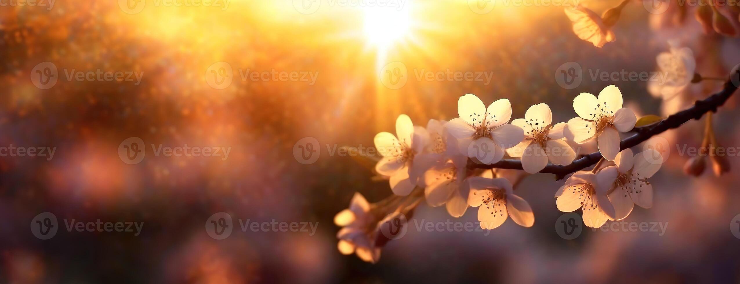 ai generiert Kirsche Blüten glitzern im das warm Licht von ein Rahmen Sonne. golden Farbtöne von Sonnenuntergang, Schönheit und Vergänglichkeit von Frühling. Hintergrund mit Kopieren Tempo. Panorama. foto
