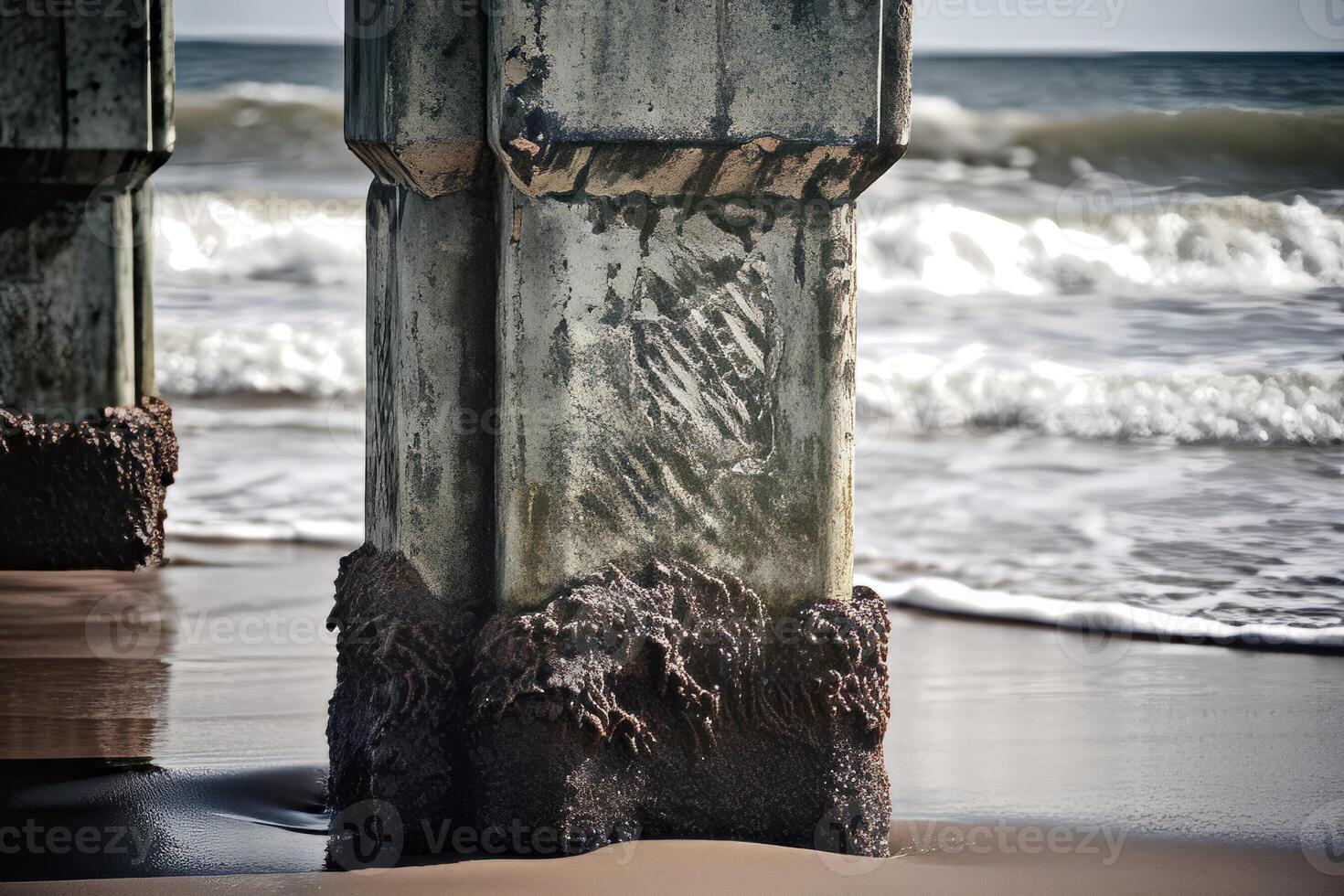 ai generiert Brücke felsig Säule auf Meer Strand. generieren ai foto