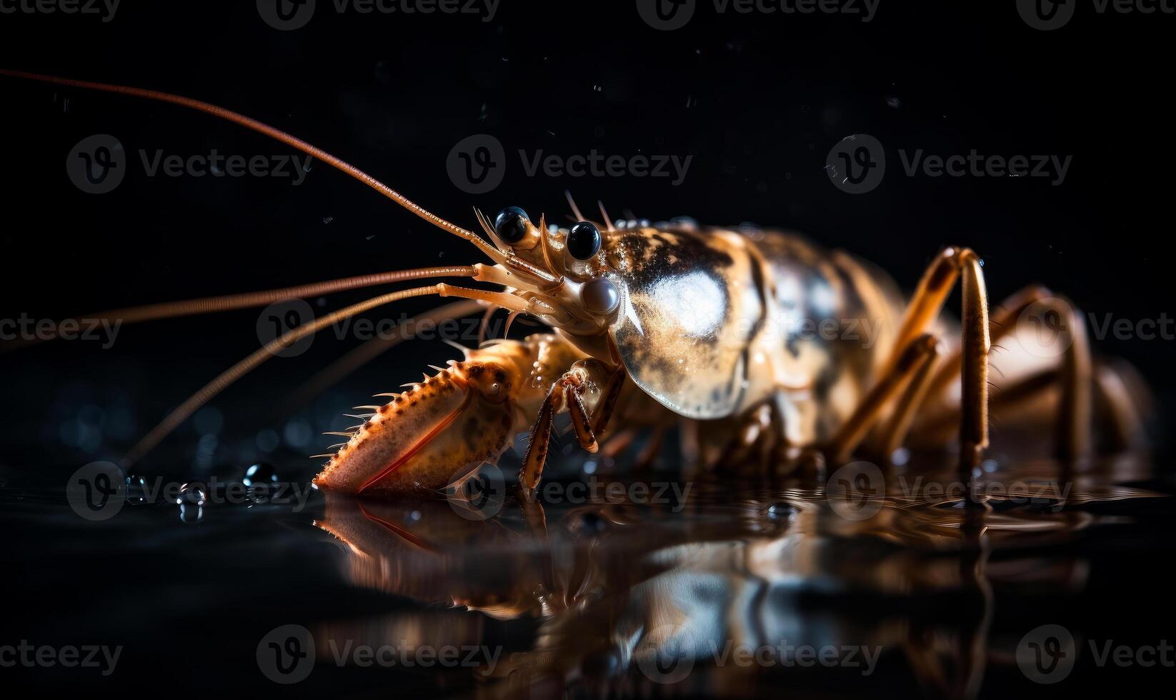 ai generiert ein Bild von groß Garnele Sitzung. ein schließen oben von ein tot Insekt auf ein schwarz Oberfläche foto