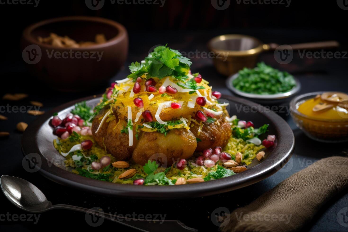 ai generiert ein köstlich Mahlzeit bereit zu Sein genossen. ein Teller von Essen auf ein Tabelle mit ein Löffel foto