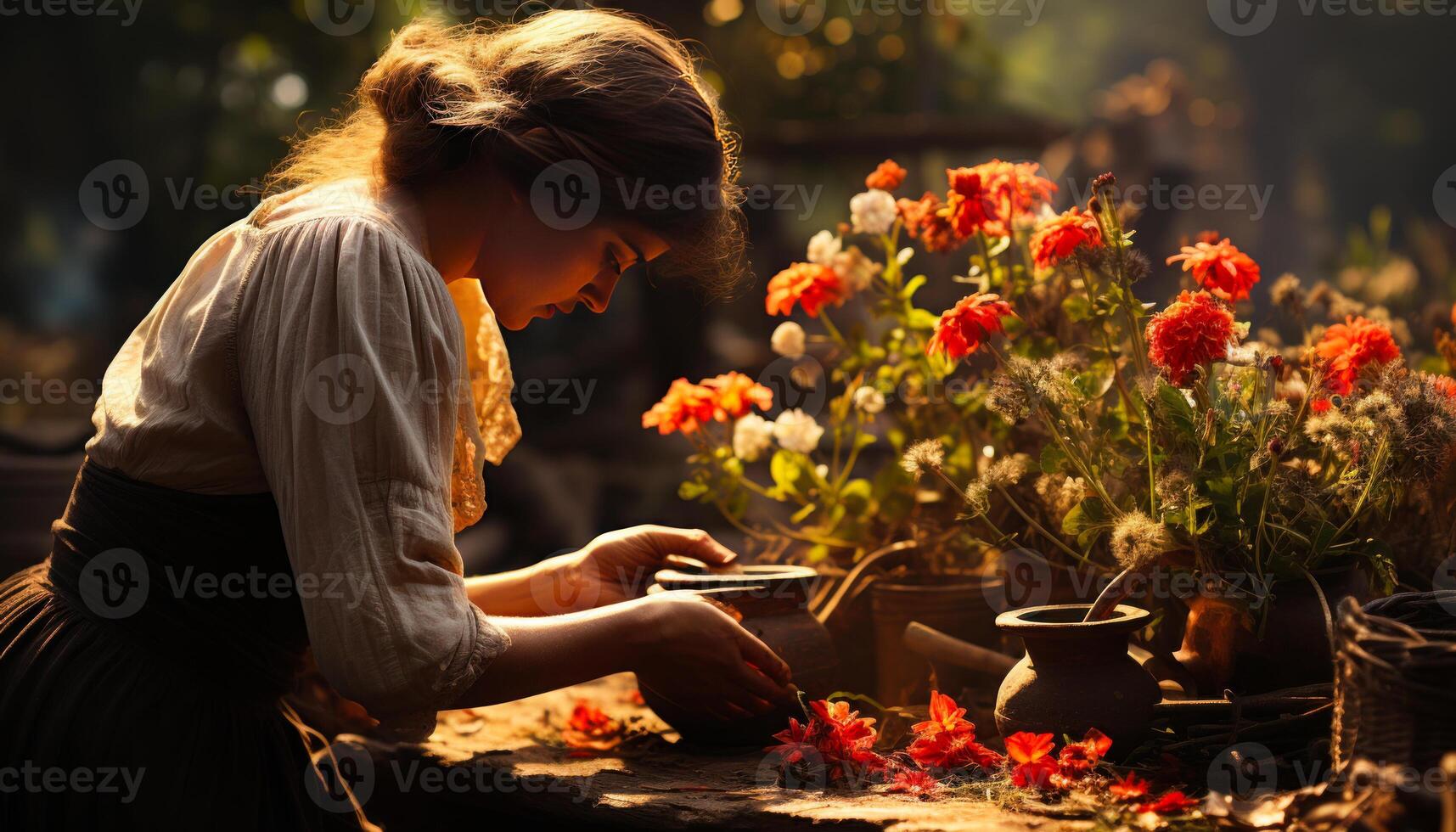 ai generiert Alten Frau vorbereiten ihr Garten. ein Frau ist Arbeiten auf ein eingetopft Pflanze foto