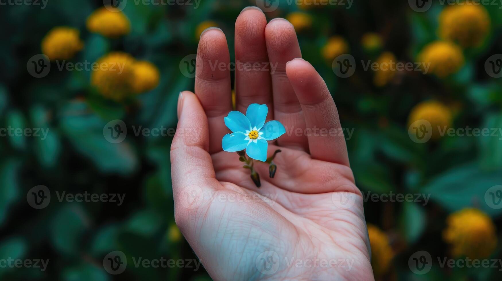 ai generiert Hand zärtlich halten ein zart klein Blau Blume, ai generiert foto