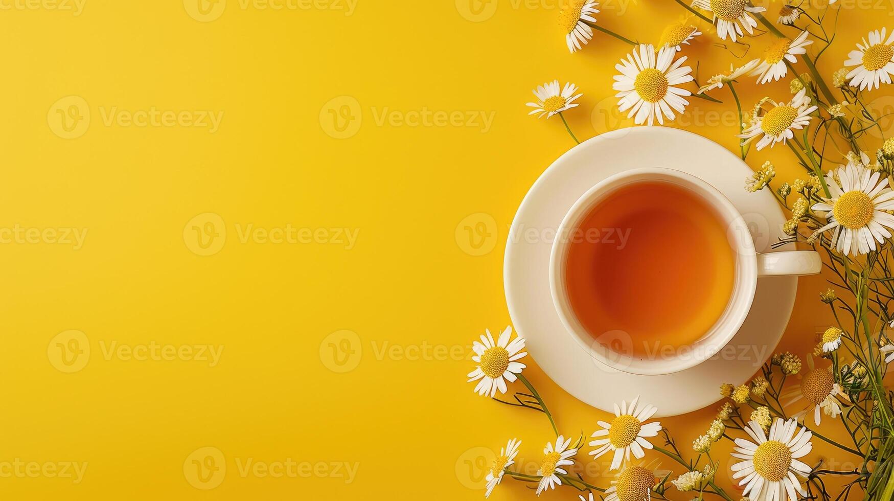 ai generiert ein Tasse von köstlich Kamille Tee positioniert auf ein Gelb Hintergrund, mit vorgesehen Raum zum Text, ai generiert. foto
