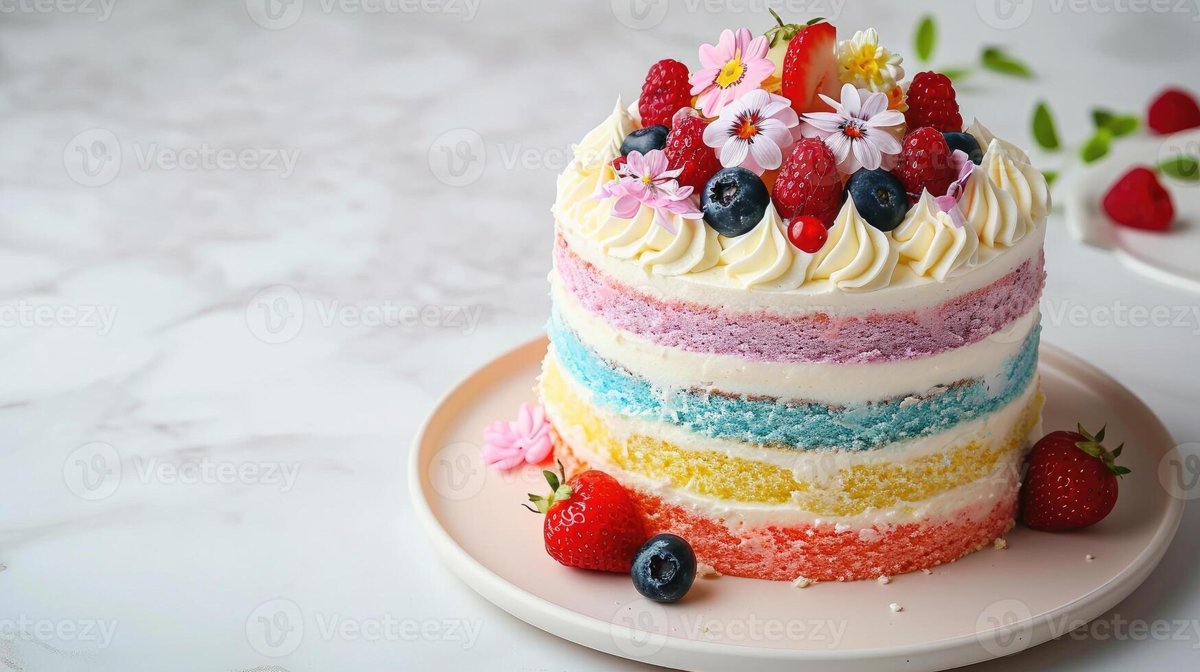 ai generiert Freude im das bunt Schauspiel von ein Regenbogen Kuchen, es ist Schichten geschmückt mit flauschige ausgepeitscht Creme, ein Dessert Meisterwerk, ai generiert. foto