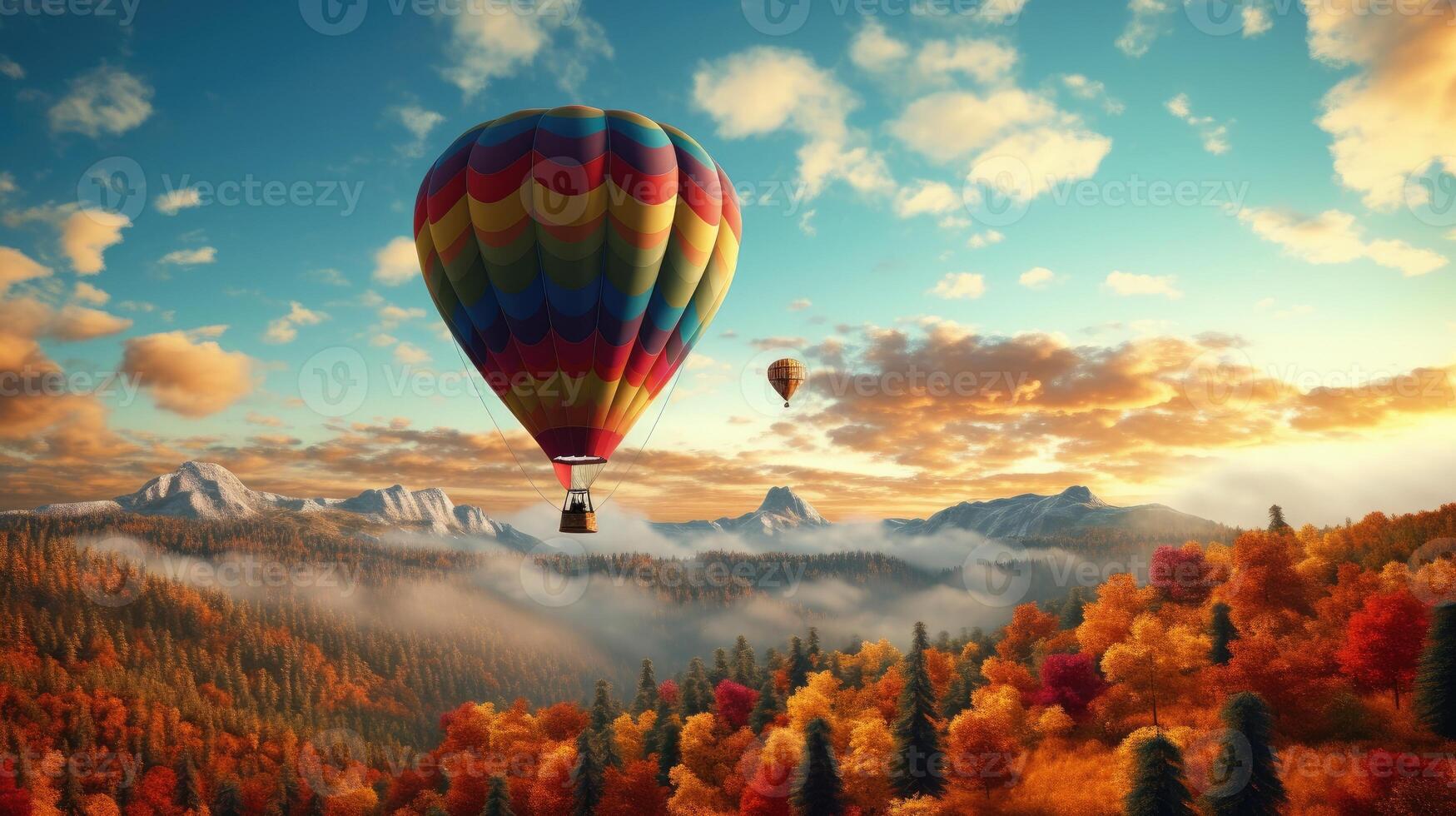 ai generiert Zeuge das Schönheit von ein heiß Luft Ballon hochfliegend durch das Herbst Himmel, ein heiter Reise über das fallen Laub. ai generiert. foto