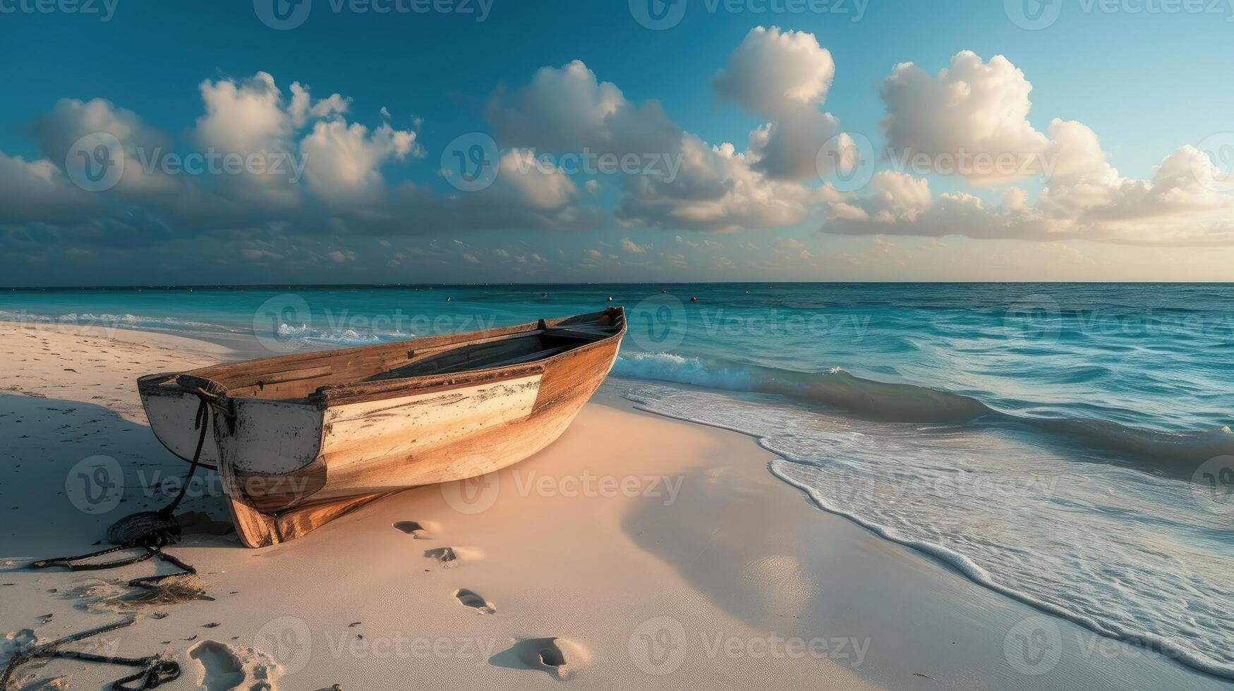 ai generiert Zeuge das heiter Sicht von ein Boot thront auf ein sandig Strand, mit Blick auf das expansiv Ozean. ai generiert. foto