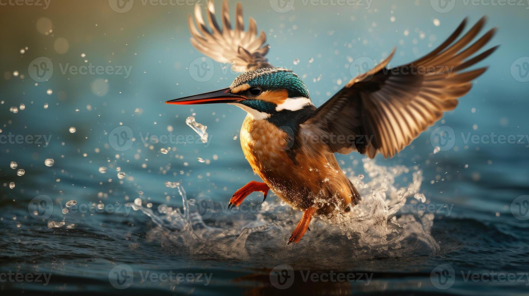 ai generiert ein Eisvogel Vogel ist fliegend Über ein Körper von Wasser, ai generiert foto