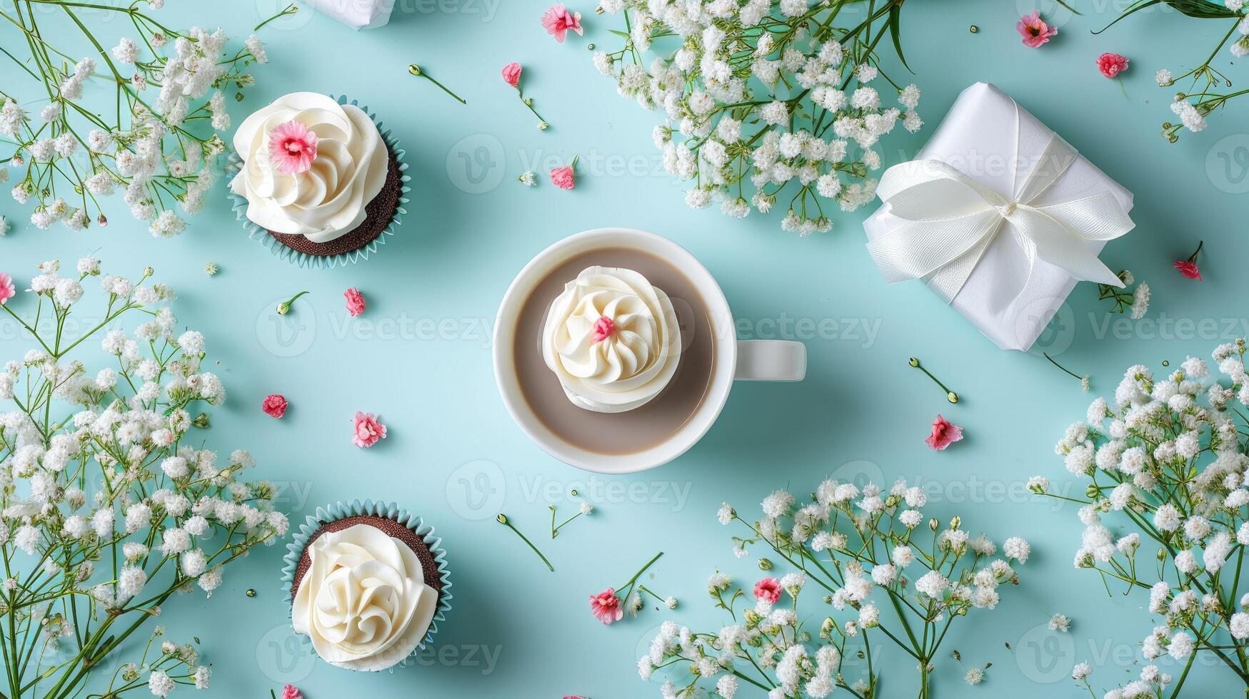 ai generiert ausdrücken Zuneigung zum Ihre Mutter. ein Overhead eben legen Anzeige von Cupcakes, die Geschenke, ein Tasse von warm Kaffee, ai generiert. foto