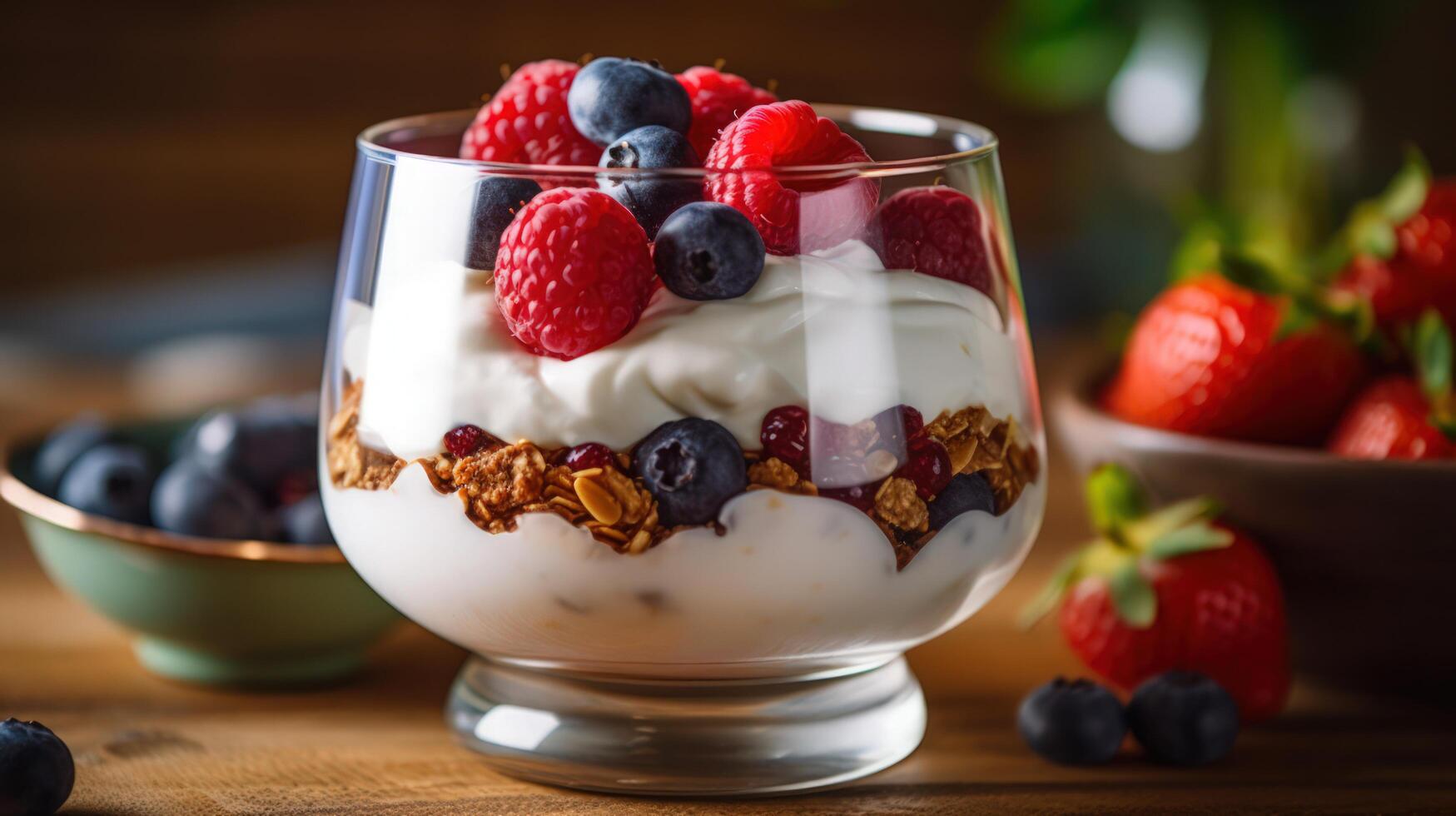 ai generiert ein köstlich Schüssel von Granola mit Joghurt und frisch gemischt Beeren, ein gesund und nahrhaft Frühstück Möglichkeit. perfekt zum ein gesund Lebensstil foto