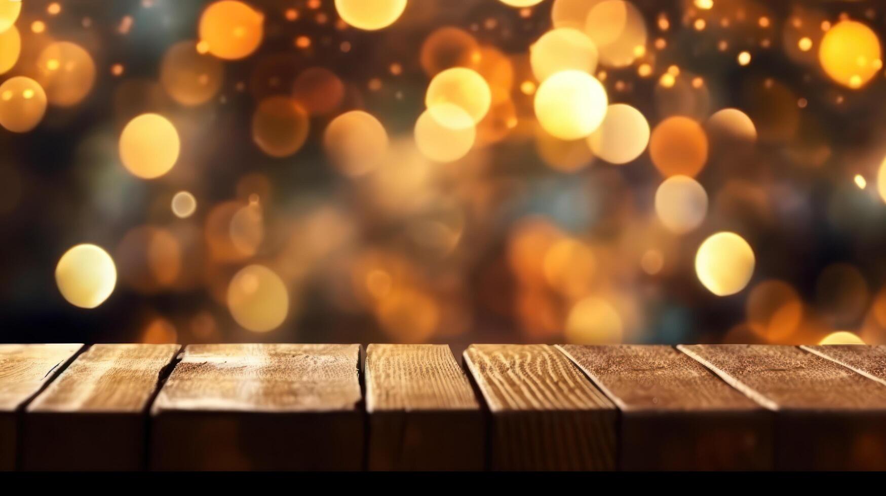 ai generiert rustikal hölzern Bretter einstellen gegen ein Hintergrund von strahlend Bokeh Beleuchtung, perfekt zum ein warm, festlich Urlaub Anzeige foto